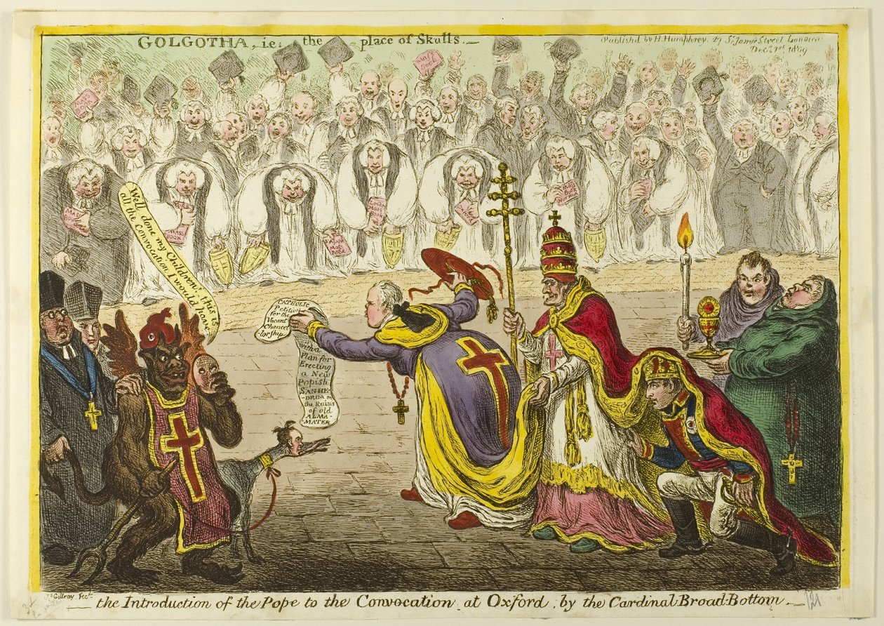 Představení papeže na shromáždění v Oxfordu kardinálem Broad-Bottomem od James Gillray