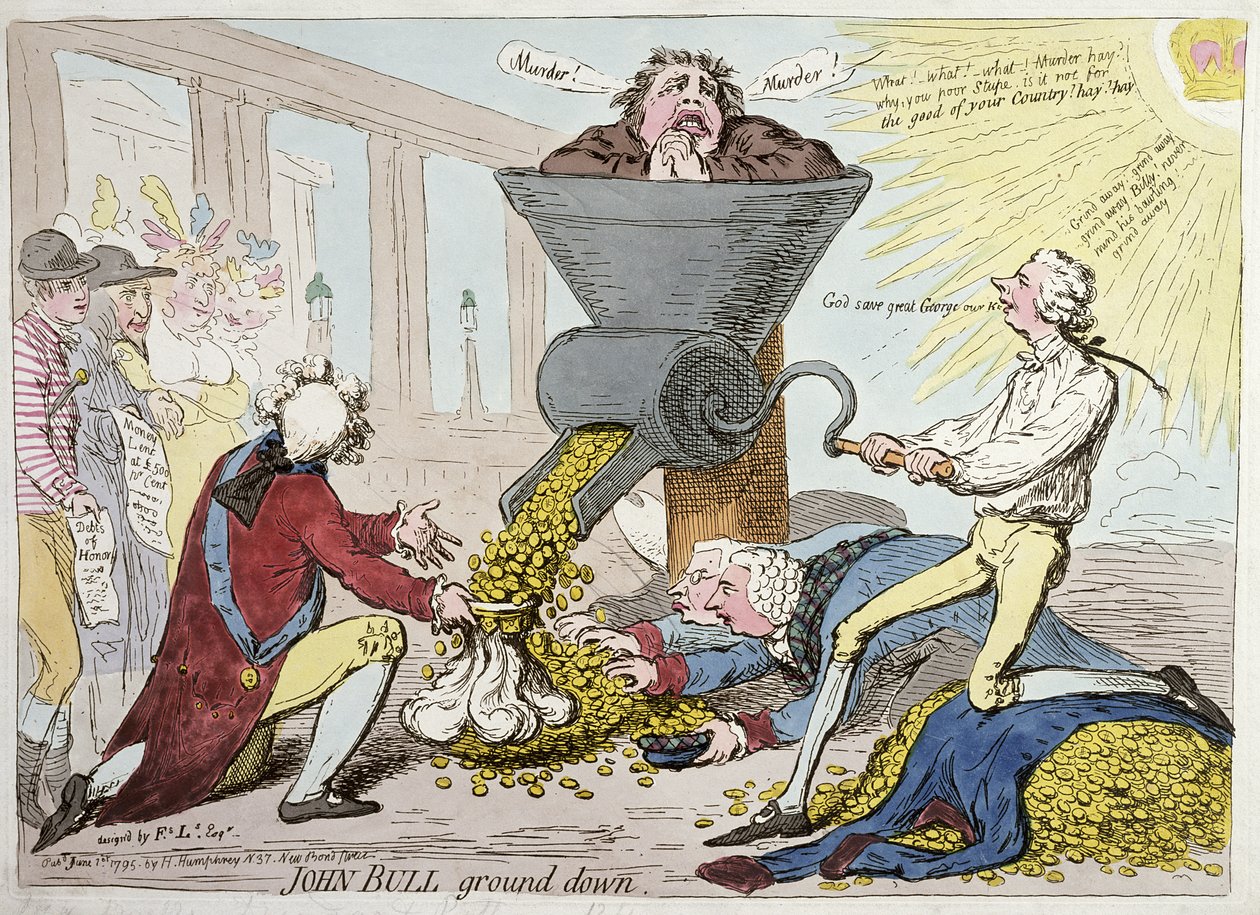 John Bull Ground Down, publikovala Hannah Humphrey v roce 1795 (ručně kolorovaný lept) od James Gillray
