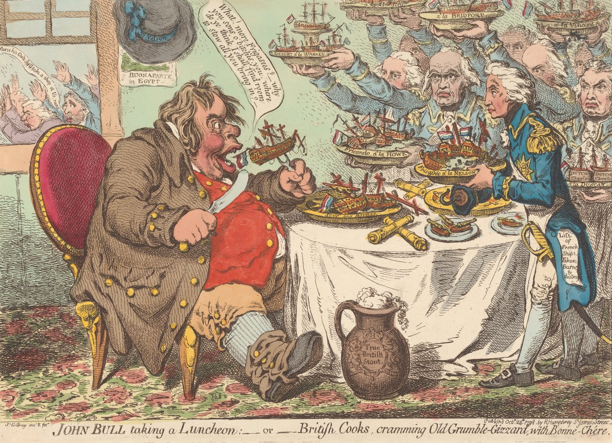 John Bull obědvá - aneb - Britští kuchaři cpou starého Bručouna-Žaludek dobrou stravou (z: Karikatura, sv. 1) od James Gillray