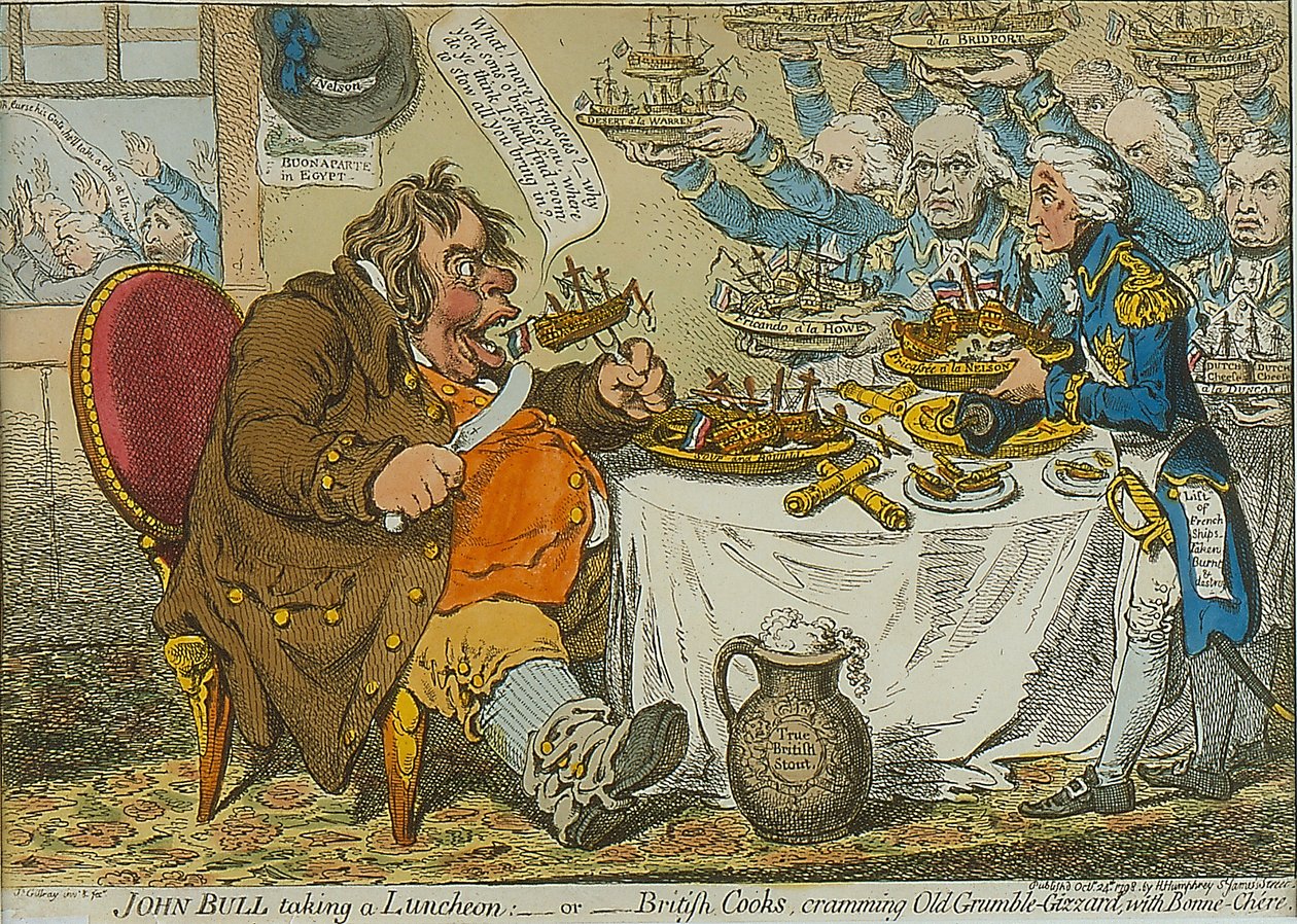 John Bull Taking a Luncheon, 1798 (barevný lept) od James Gillray