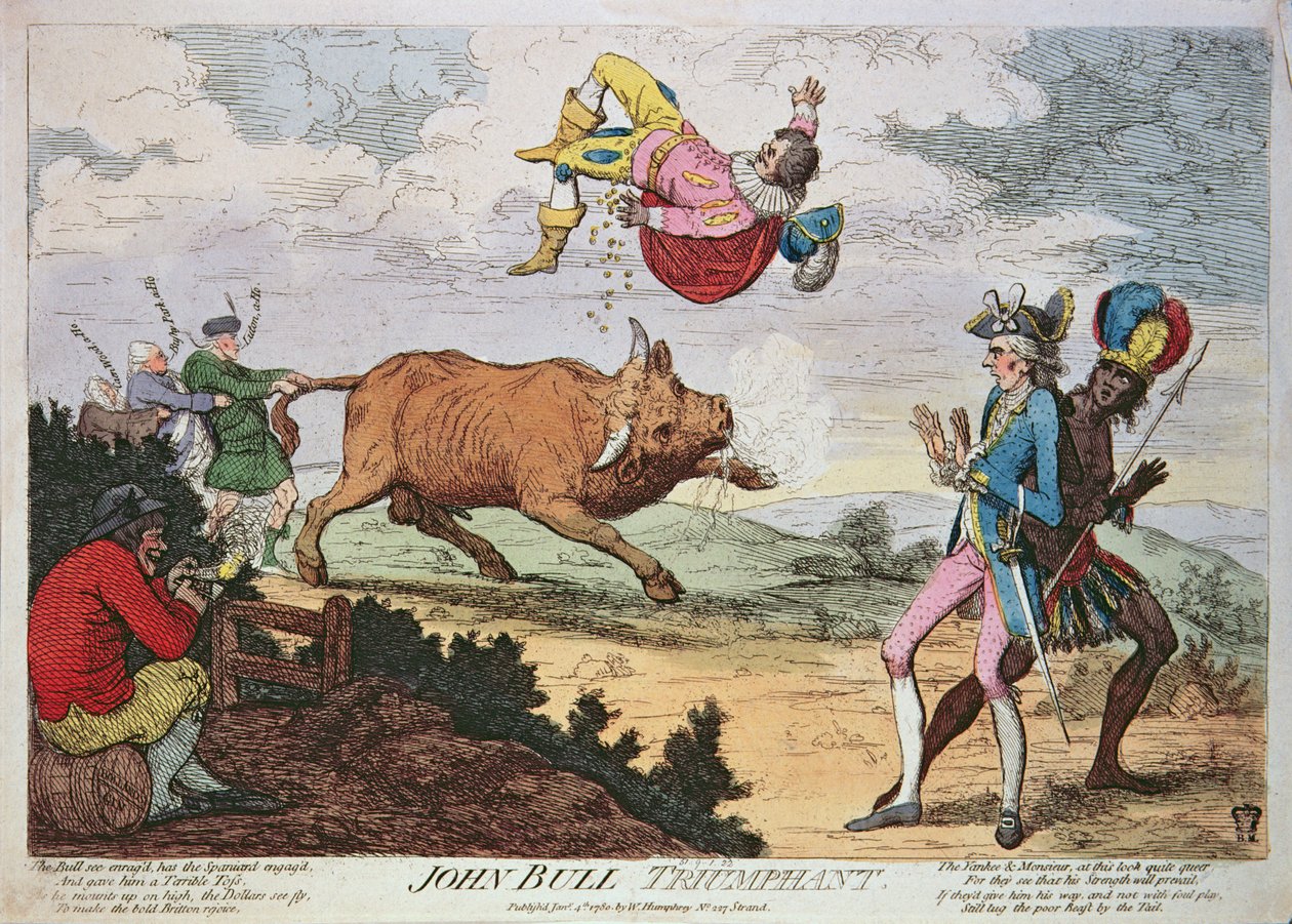 John Bull Triumphant, publikoval William Humphrey, 4. ledna 1780 (barevná litografie) od James Gillray