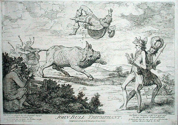 John Bull Triumphant, publikoval William Humphrey v roce 1780 (lept) od James Gillray