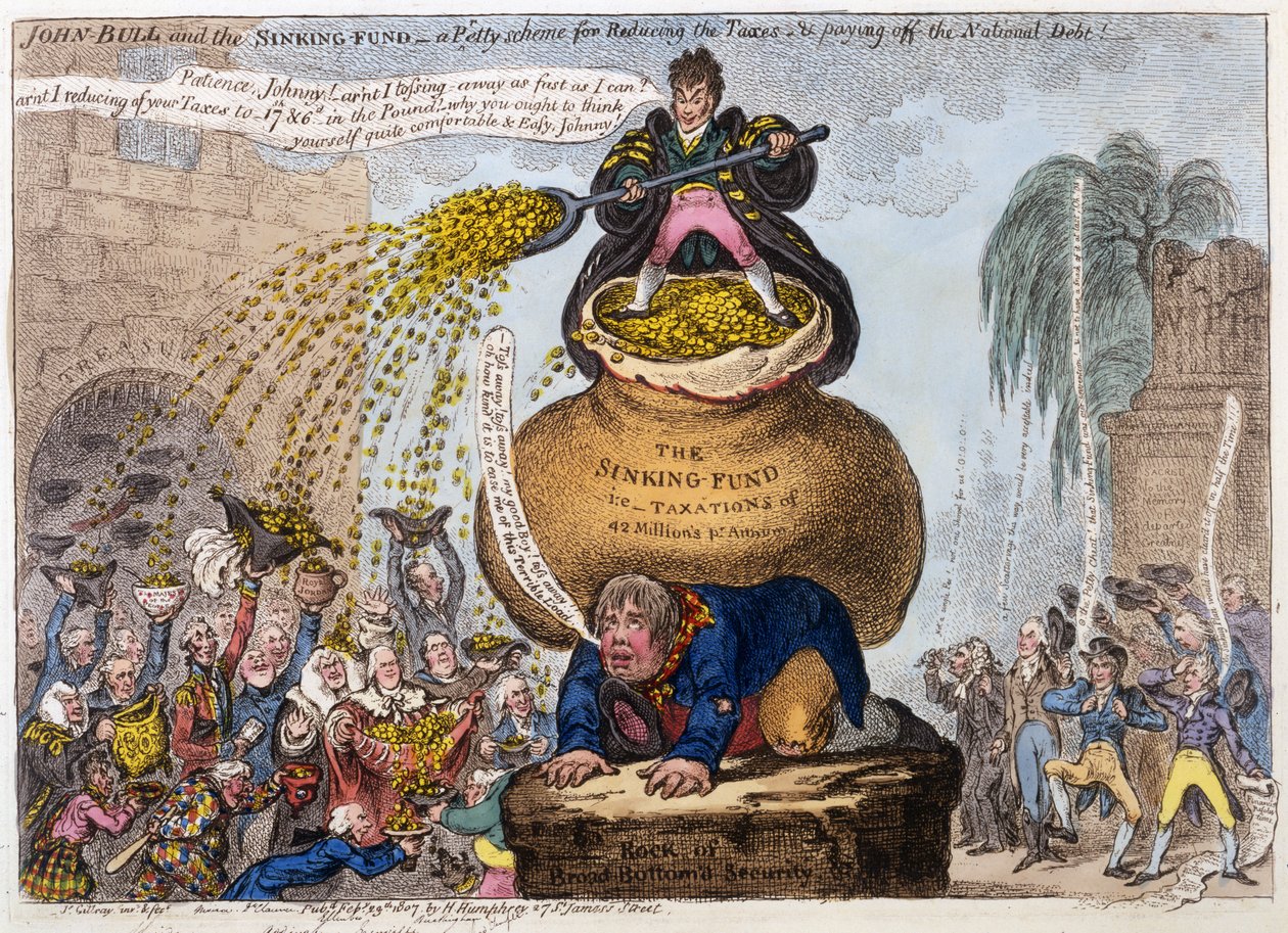 John Bull and The Sinking Fund - Petty program pro snížení daní a splacení národního dluhu, pub. H Humphrey, Londýn, 1807 (ručně kolorovaná rytina) od James Gillray