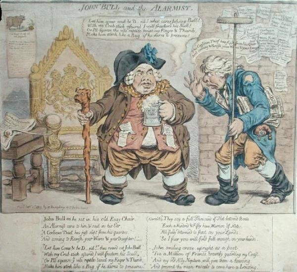 John Bull and the Alarmist, publikoval Hannah Humphrey v roce 1803 (ručně kolorovaný lept) od James Gillray