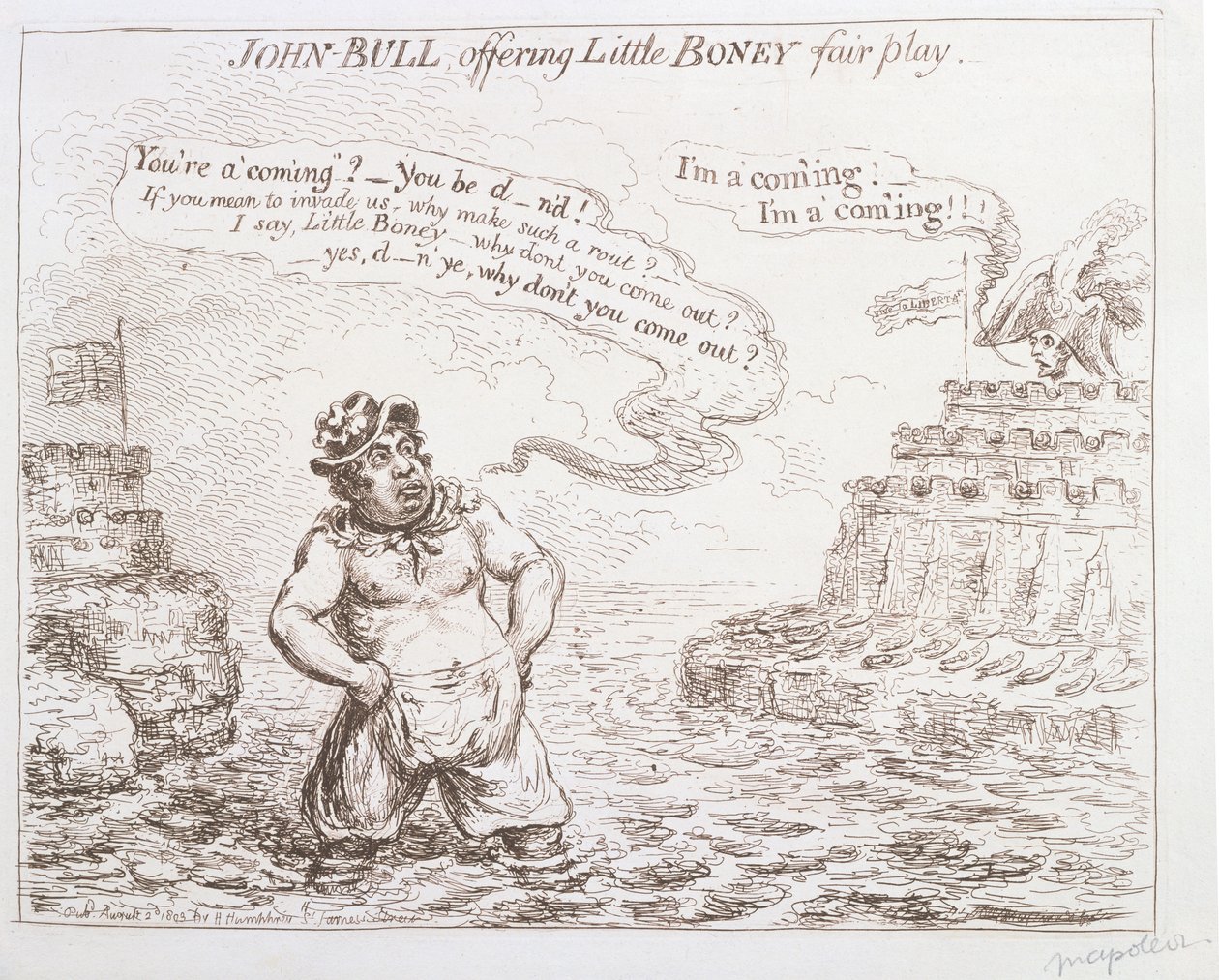 John Bull nabízející Little Boney fair play, kterou vydala Hannah Humphrey v roce 1803 od James Gillray