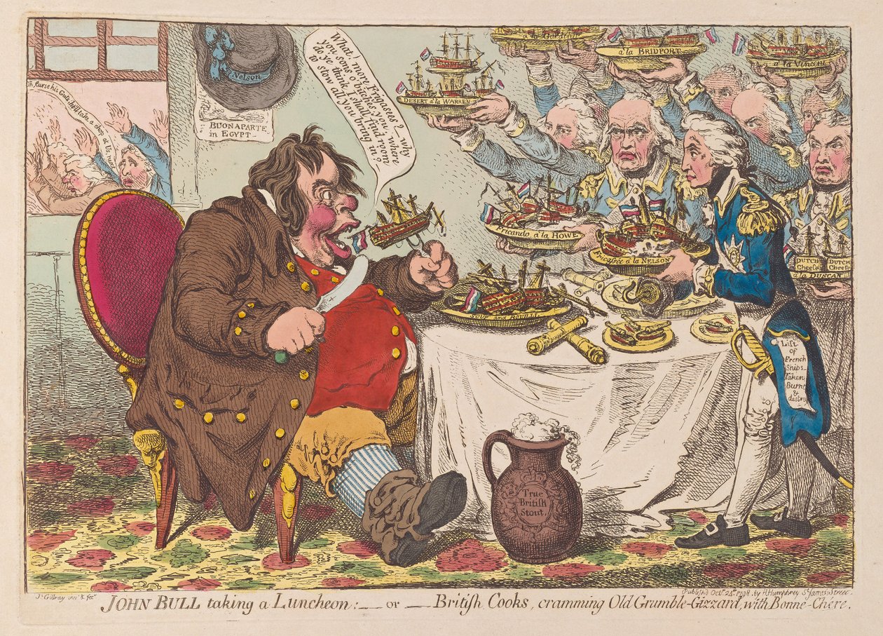 John Bull s obědem nebo britští kuchaři nacpaní Old Grumble Gizzard s Bonne Chere, hospoda 1798 (ručně kolorovaná rytina) od James Gillray