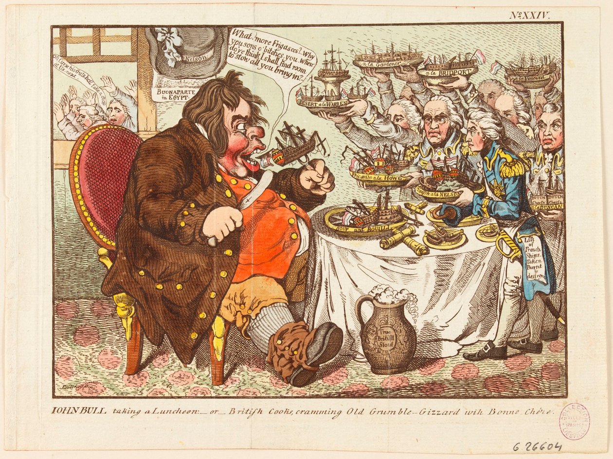 John Bull při obědě: aneb Britští kuchaři, kteří cpou starého bručouna „Old Grumble-Gizzard“ dobrým jídlem („Bonne Chere“) od James Gillray