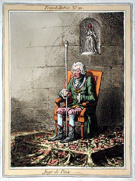 Juge de Paix, deska 10 z „French Habits“ vydané Hannah Humphrey v roce 1798 (barevný lept) od James Gillray