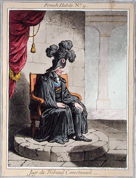 Juge du Tribunal Correctionnel, deska 9 z „French Habits“ vydané Hannah Humphrey v roce 1798 (barevný lept) od James Gillray