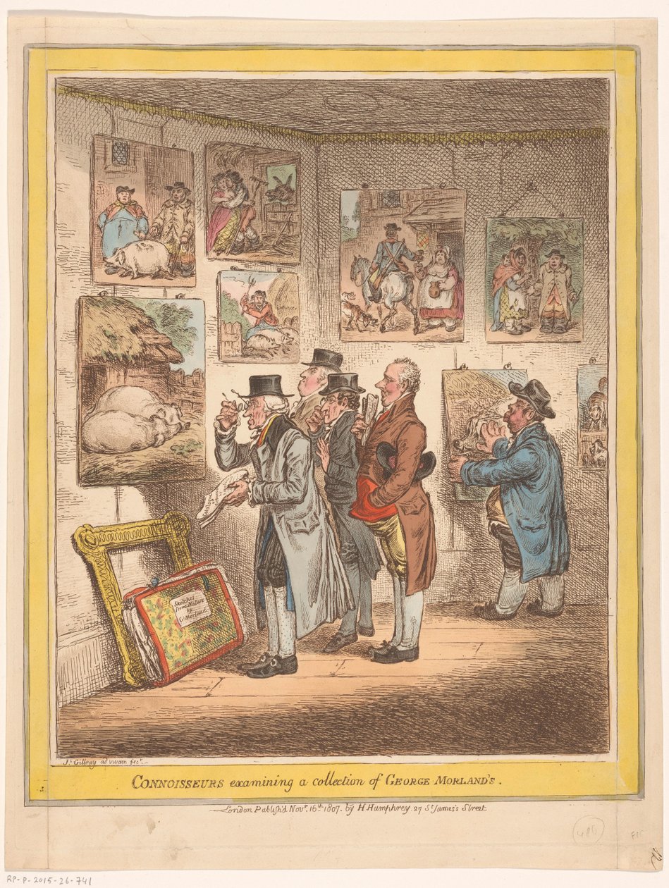 Znalci umění si prohlížejí obrazy George Morlanda Znalci zkoumající sbírku George Morlanda (titul na předmětu) od James Gillray