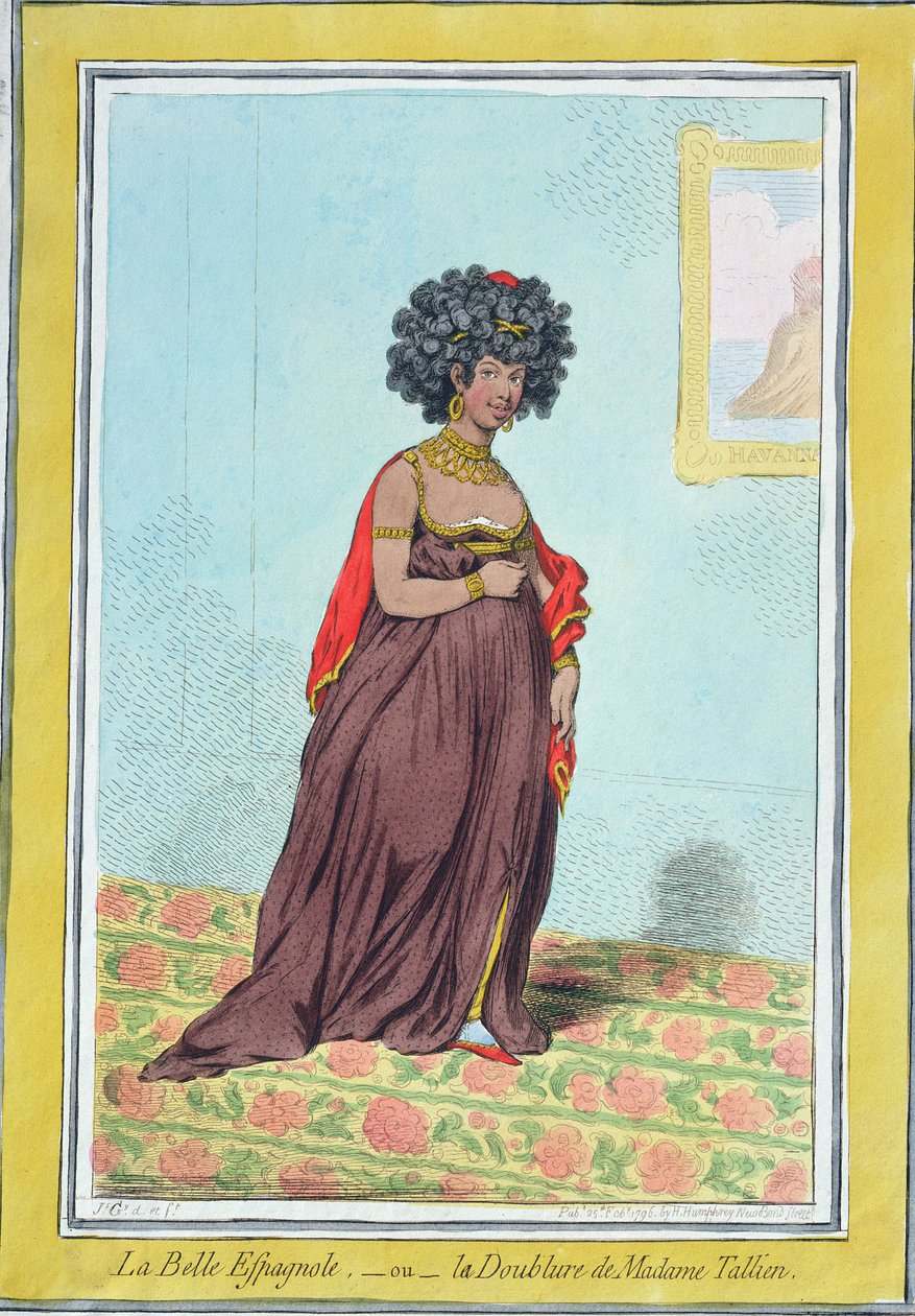 La Belle Espagnole, nebo La Doublure de Madame Tallien (1773-1835) vydané Hannah Humphrey v roce 1796 (ručně kolorovaný lept) od James Gillray