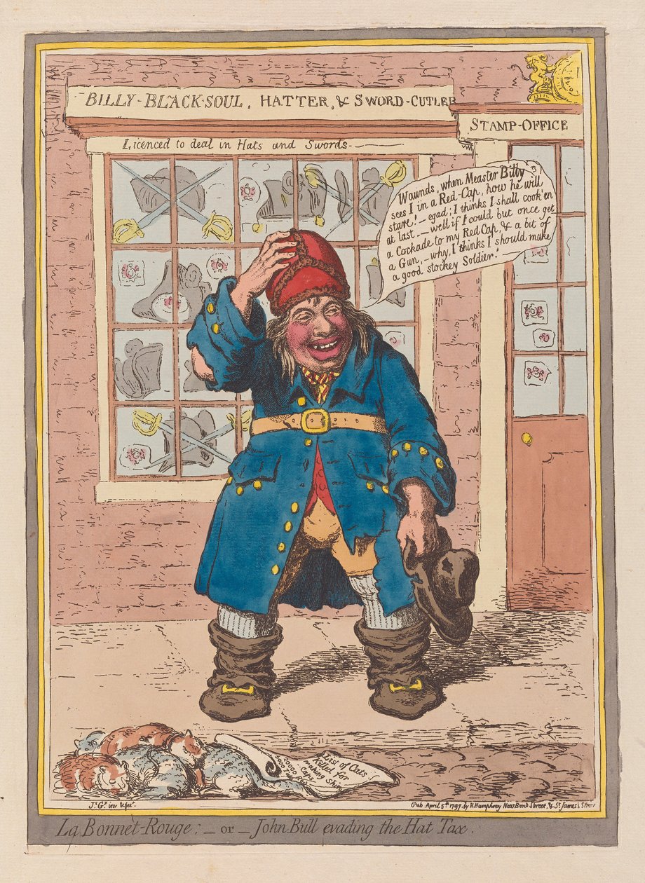 La Bonnet Rouge nebo John Bull vyhýbající se dani z klobouku, hospoda. 1797 (ručně kolorovaná rytina) od James Gillray
