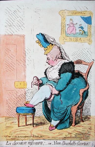 La Derniere Resource, neboli Van Buchells Garters, vydané Hannah Humphrey v roce 1791 (ručně kolorovaný lept) od James Gillray