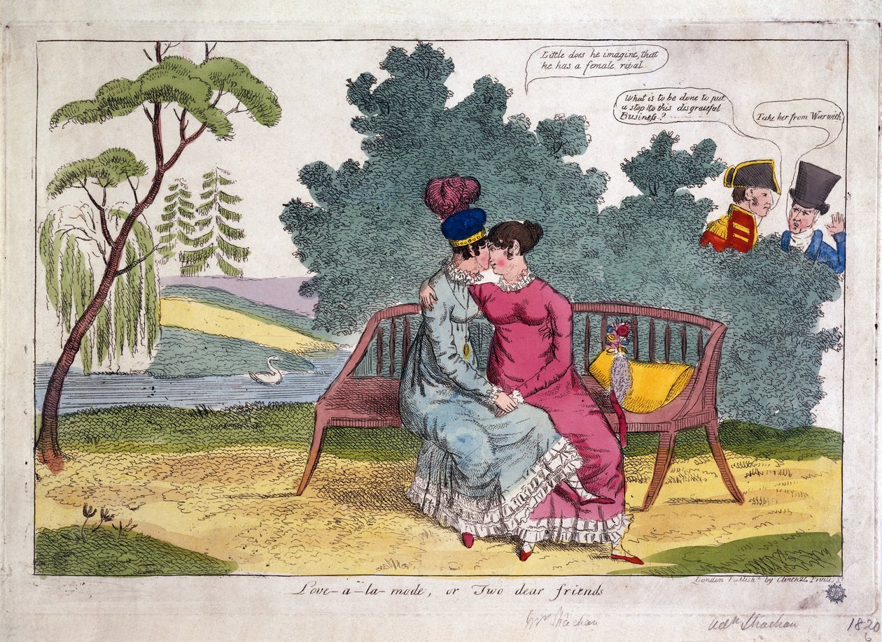 Lady Strachanová a lady Warwicková se milují v parku, zatímco jejich manželé je nesouhlasně pozorují. od James Gillray