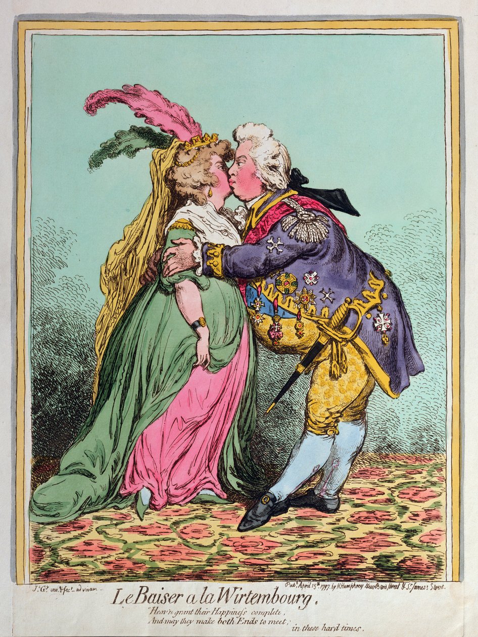 Le Baiser a la Wirtembourg, vydané Hannah Humphrey v roce 1797 (ručně kolorovaný lept) od James Gillray