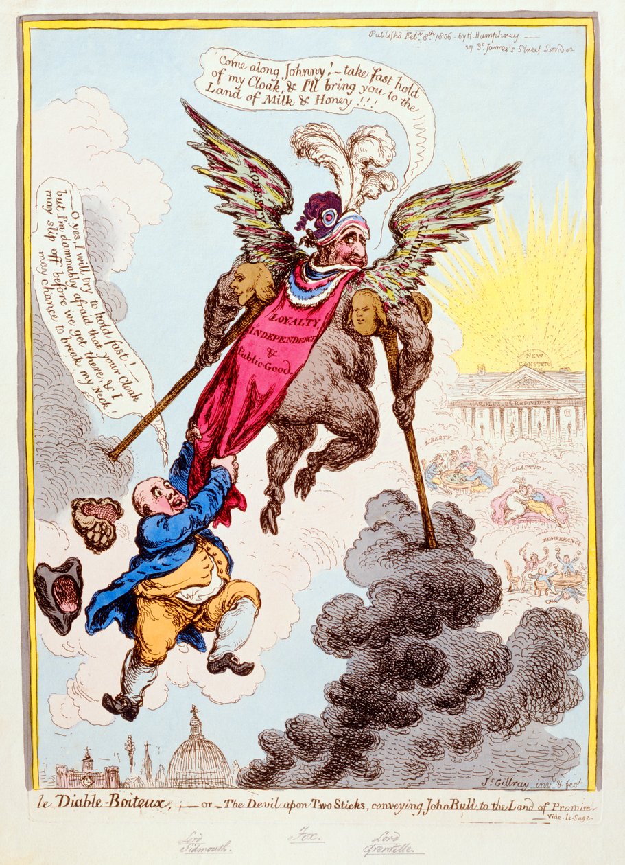 Le Diable-Boiteux aneb Ďábel na dvou tyčích přenášející Johna Bulla do země zaslíbené, publikovala Hannah Humphrey v roce 1806 (ručně kolorovaný lept) od James Gillray
