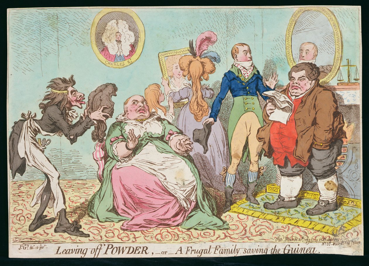 Leaving off Powder, aneb A Frugal Family Saving the Guinea, vydané Hannah Humphrey v roce 1795 (ručně kolorovaný lept) od James Gillray