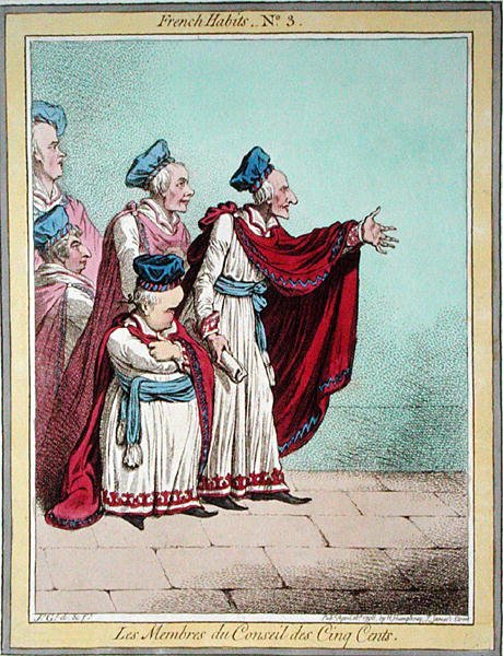Les Membres du Conseil des Cinq Cents, deska 3 „French Habits“, vydané Hannah Humphrey v roce 1798 (barevný lept) od James Gillray