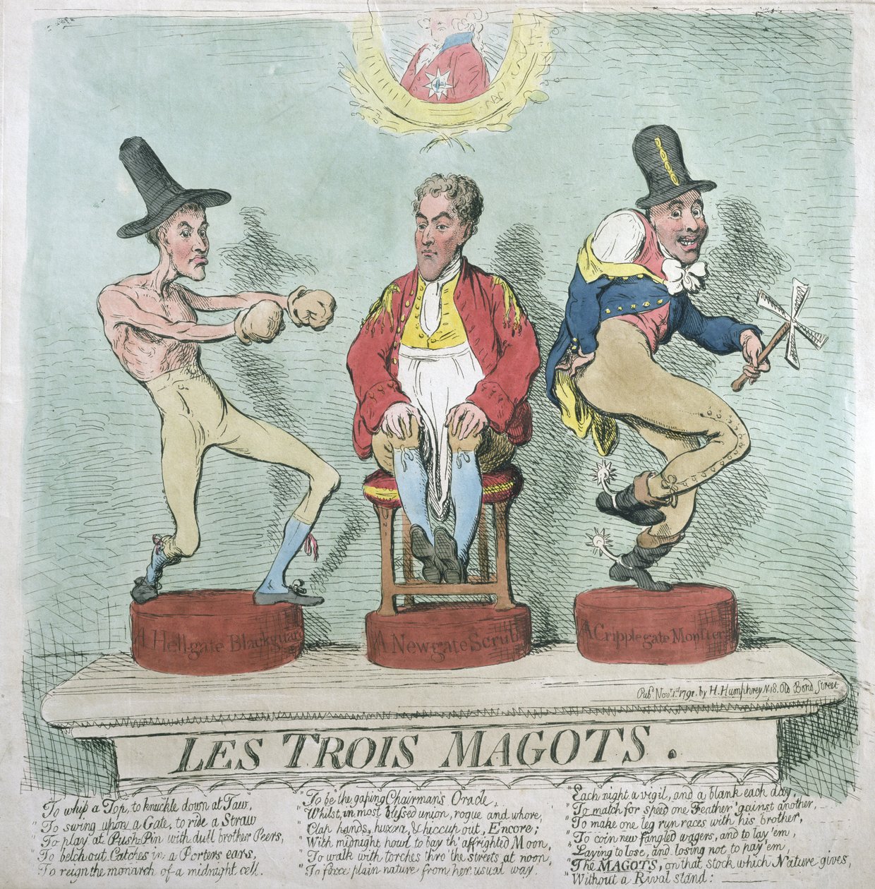 Les Trois Magots, vydala Hannah Humphrey v roce 1791 (ručně kolorovaný lept) od James Gillray