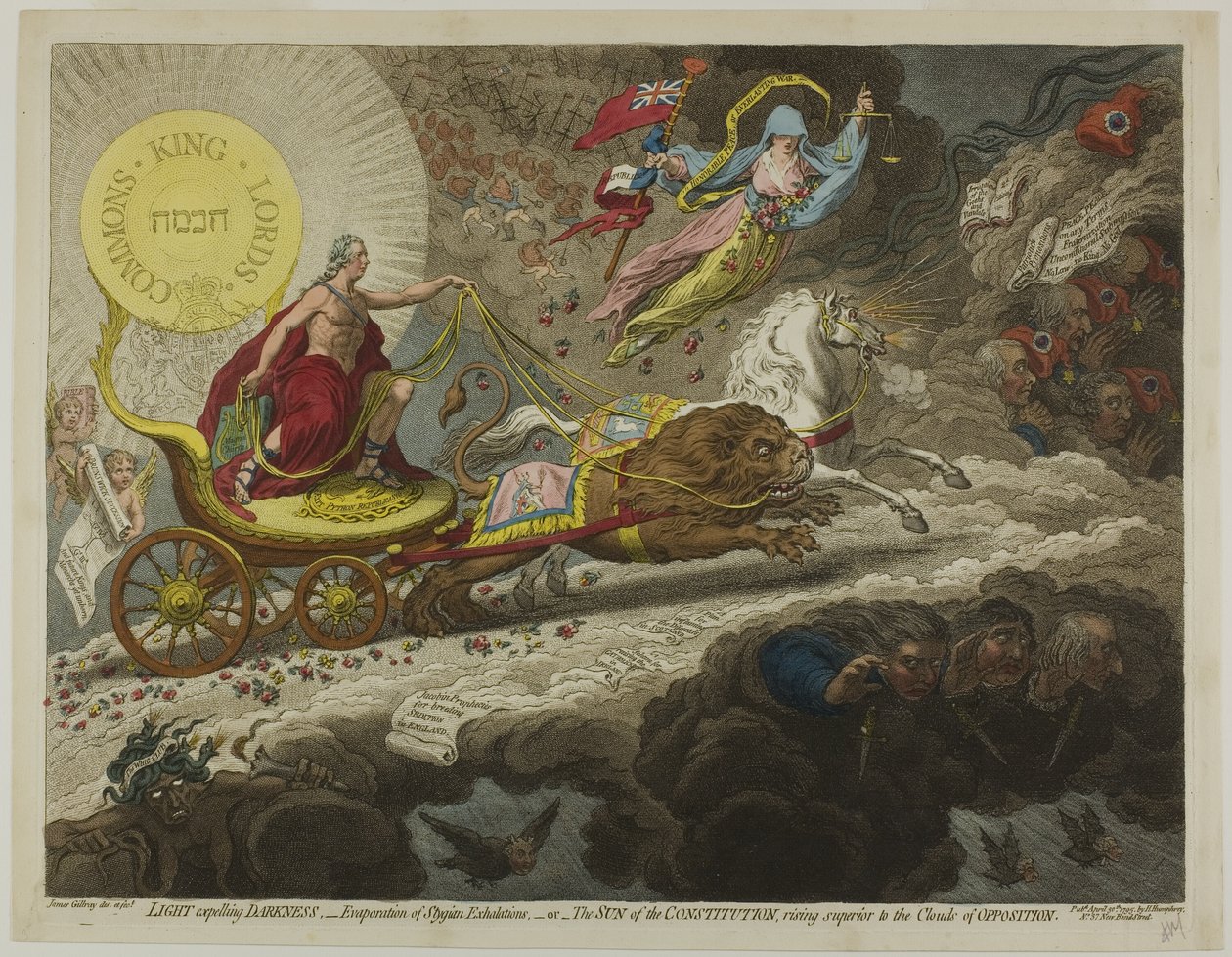 Světlo vyhánějící temnotu,-vypařování stygských exhalací-nebo-slunce konstituce, vycházející nad oblaka opozice od James Gillray