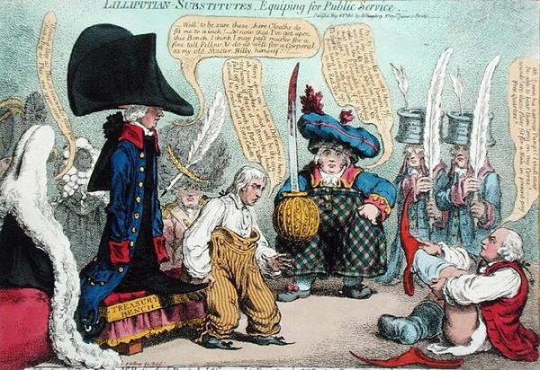 Lilliputian-Substitutes, Equipping for Public Service, publikovala Hannah Humphrey v roce 1801 (ručně kolorovaný lept) od James Gillray