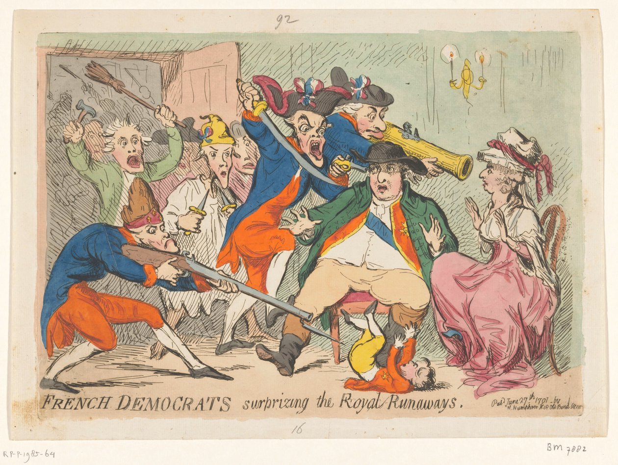 Ludvík XVI. a Marie Antoinetta chyceni při letu, 1791 Francouzští demokraté překvapující Royal Runaways od James Gillray