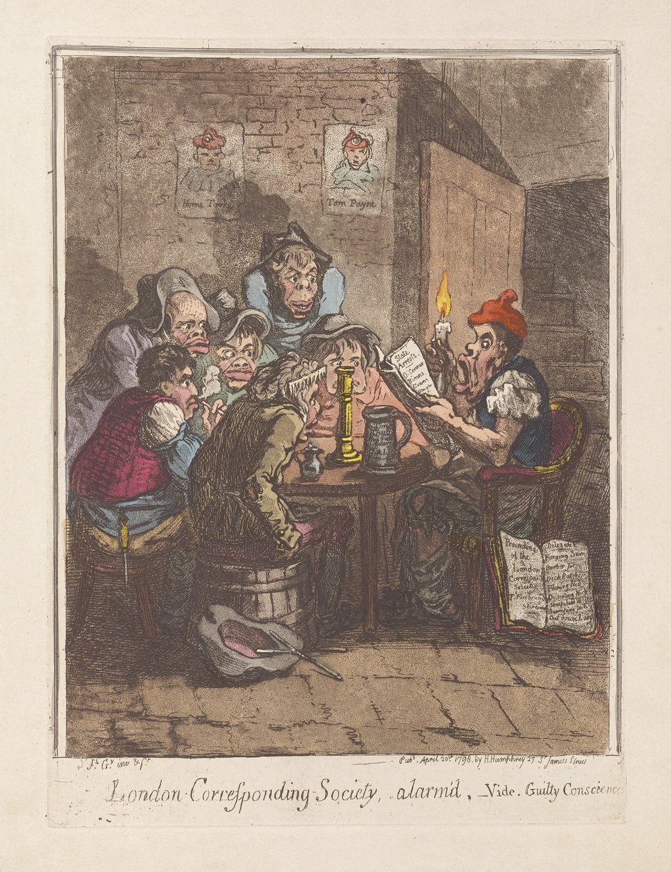 Londýnská korespondenční společnost, znepokojená, vide. Guilty Consciences, hospoda. 1796 (ručně kolorovaná rytina) od James Gillray