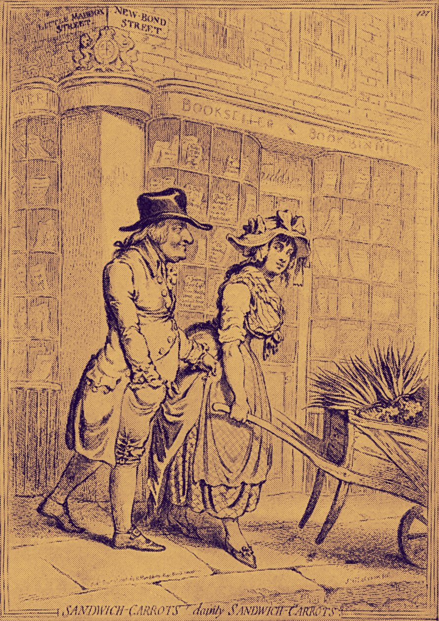 Lord Sandwich věnuje pozornost prodavači květin od James Gillray