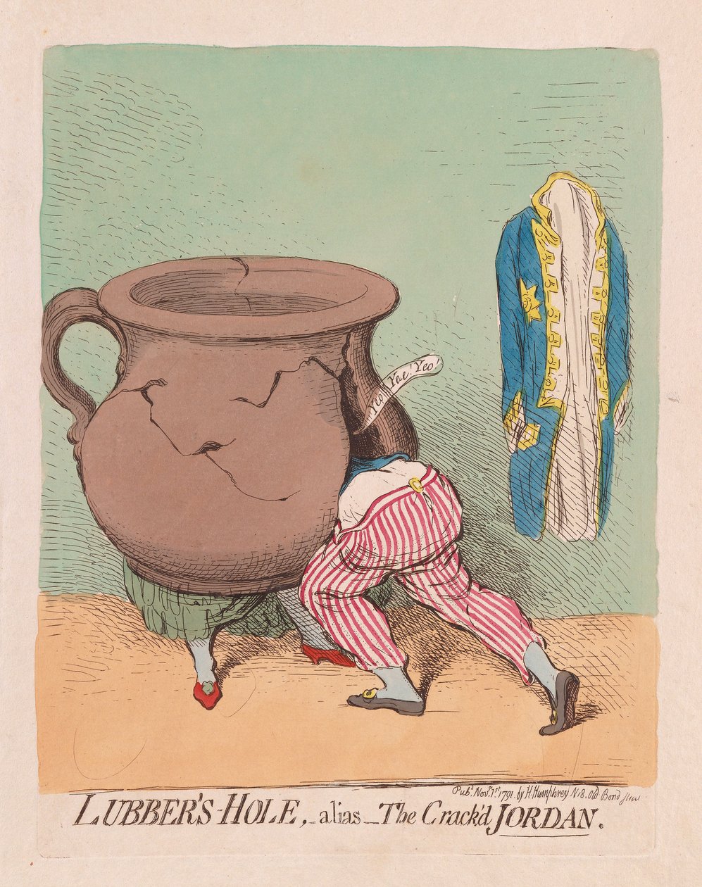 Lubbers Hole, alias The Crackd Jordan, hospoda. 1791 (ručně kolorovaná rytina) od James Gillray