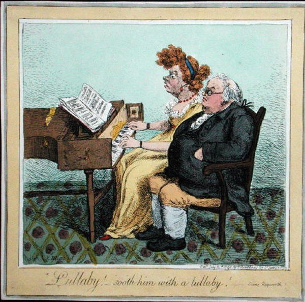 "Ukolébavka - uklidni ho ukolébavkou!" vydal Hannah Humphrey v roce 1798 (ručně kolorovaný lept) od James Gillray