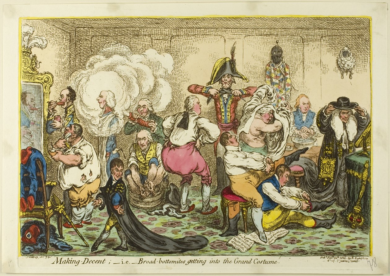 Slušné chování; tj. široký spodek se dostává do velkého kostýmu od James Gillray