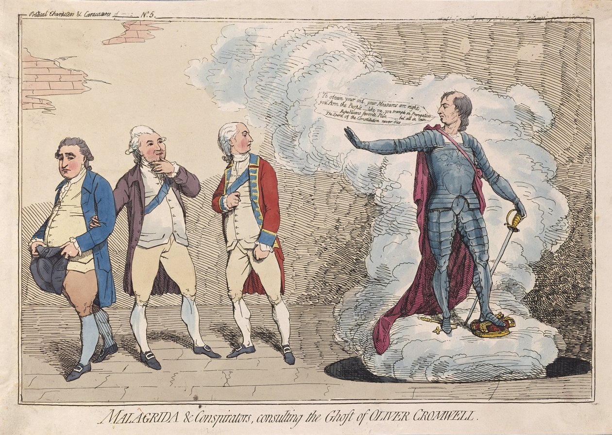 Malagrida & Conspirators, consulting the Ghost of Oliver Cromwell, pub. 1782 (ručně kolorovaná rytina) od James Gillray