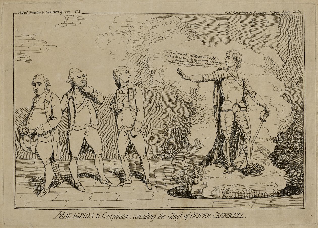 Malagrida and Conspirators, Consulting the Ghost of Oliver Cromwell, publikovaná 10. června 1782 (lept na položený papír vykládaný na tkaném papíře) od James Gillray
