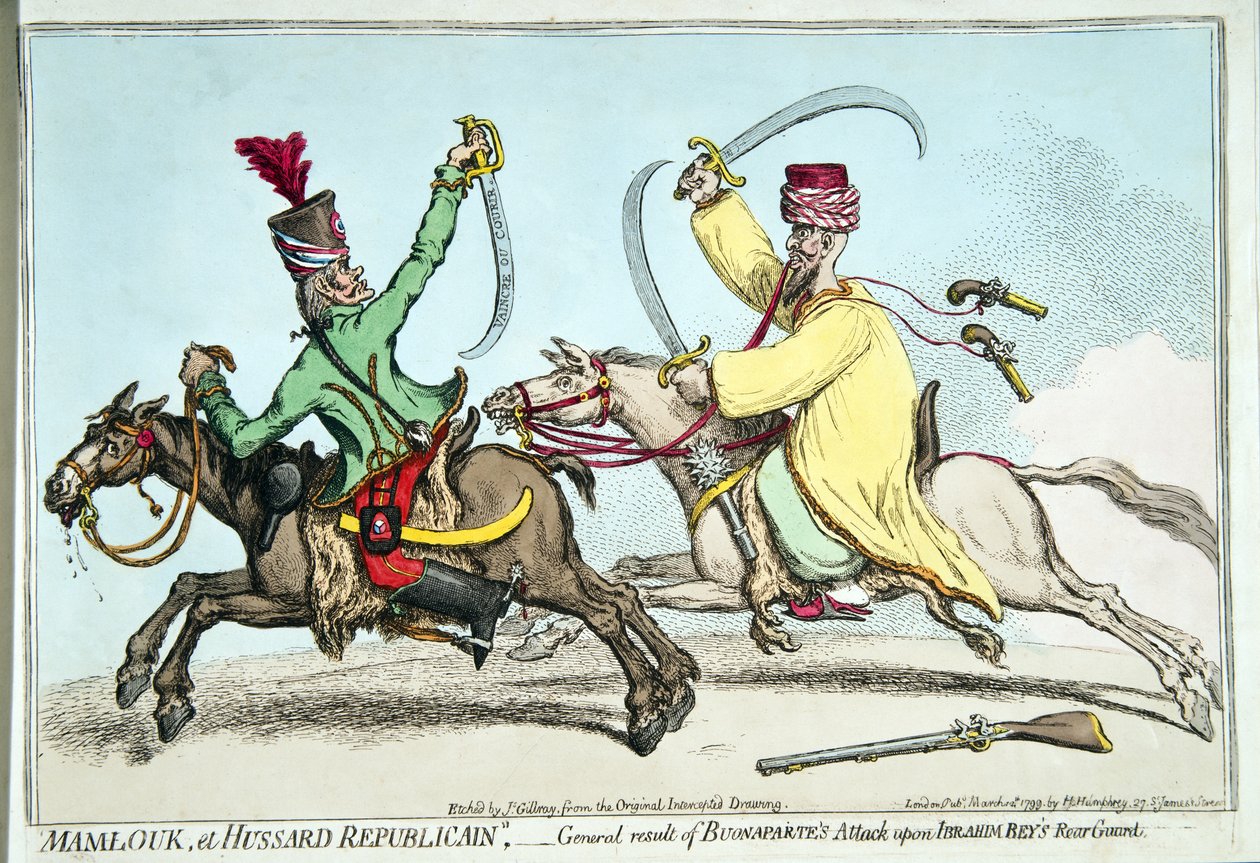 Mamlouk et Hussard Republicain, aneb Obecný výsledek Bonapartova útoku na zadní gardu Ibrahima Beye, vydané Hannah Humphrey v roce 1799 (ručně kolorovaný lept) od James Gillray