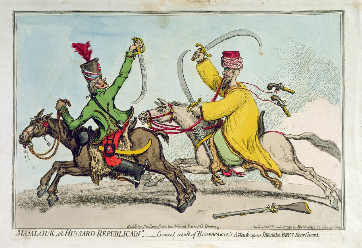 Mamlouk et Hussard Republicain aneb Obecný výsledek Bonapartova útoku na zadní gardu Ibrahima Beye (1735-1817), vydaný Hannah Humphrey v roce 1799 (ručně kolorovaný lept) od James Gillray