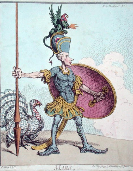 Mars, publikoval Hannah Humphrey v „New Pantheon“ 1799 (ručně kolorovaný lept) od James Gillray