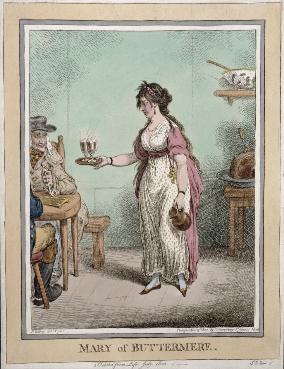 Mary of Buttermere, načrtnutá ze života v červenci 1800, publikovala Hannah Humphrey v roce 1802 (ručně kolorovaný lept) od James Gillray