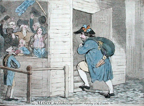 Mason, vévodův cukrář nakládající s cetkami, vydala Hannah Humphrey v roce 1788 (ručně kolorovaný lept) od James Gillray