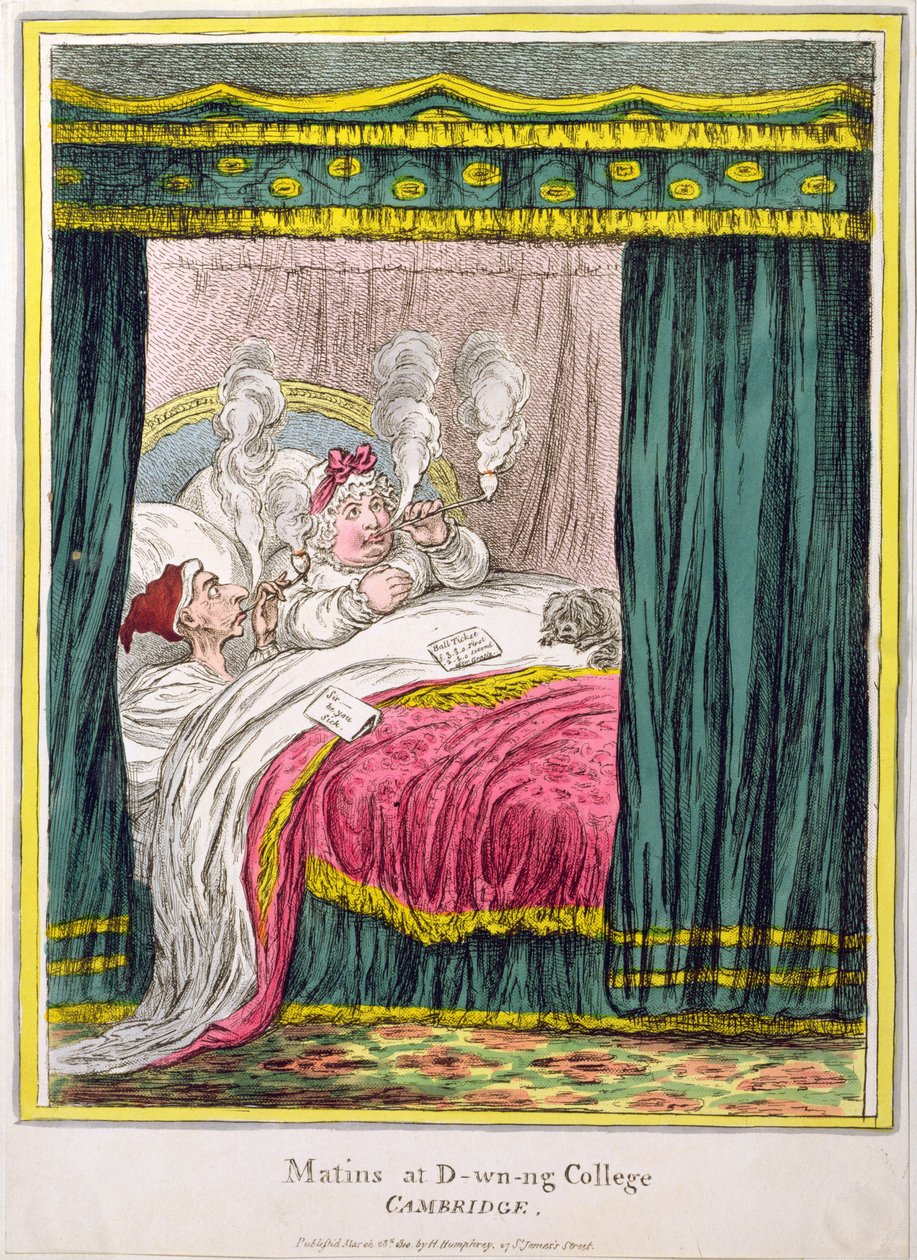 Matins na D-wn-ng College, Cambridge, publikovala Hannah Humphrey v roce 1810 (ručně kolorovaný lept) od James Gillray