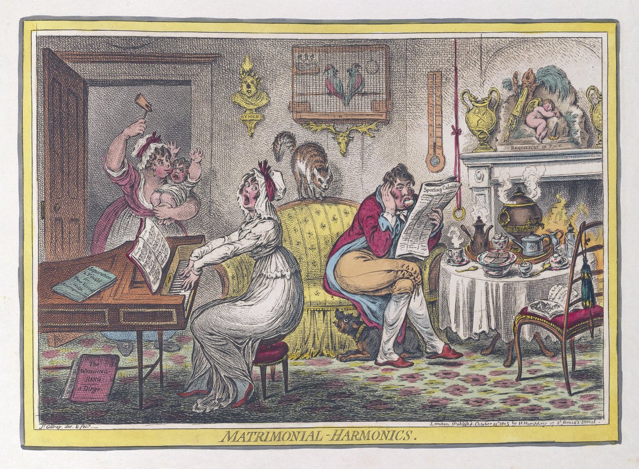 Manželské harmoniky, hospoda. 1805 (ručně kolorované rytiny) od James Gillray