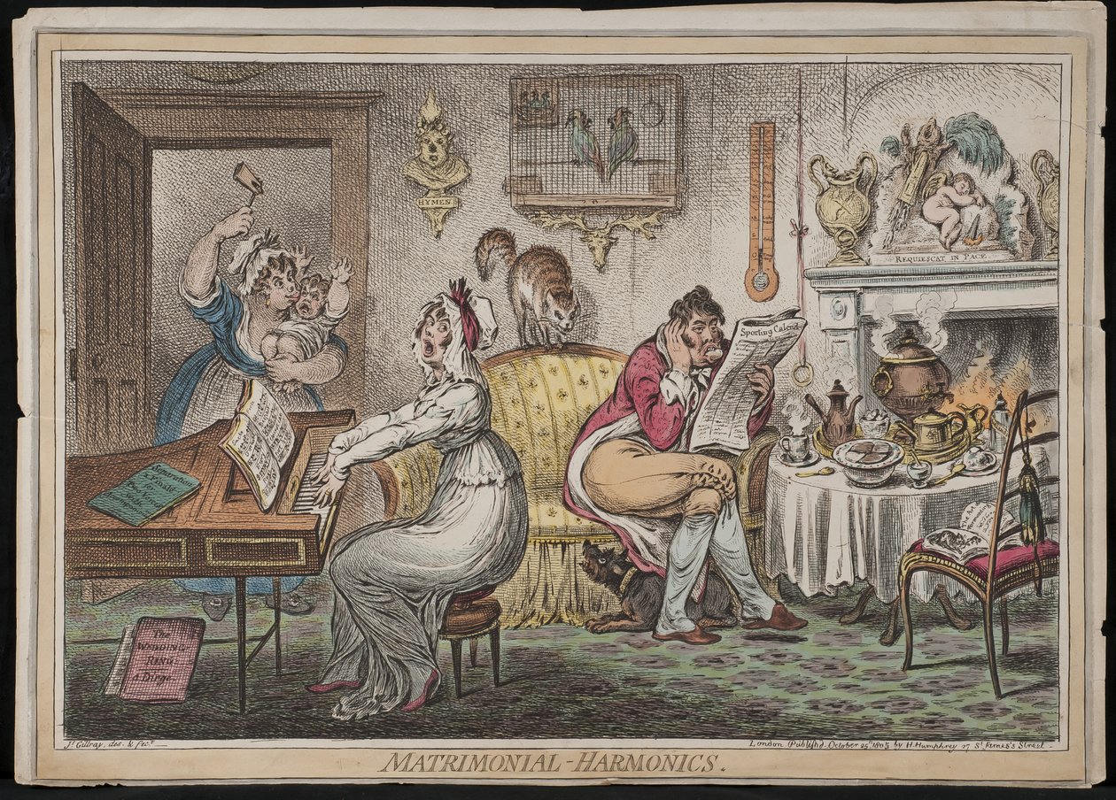 Manželské harmonie, publikoval Hannah Humphrey, 1805 (ručně kolorovaný lept) od James Gillray