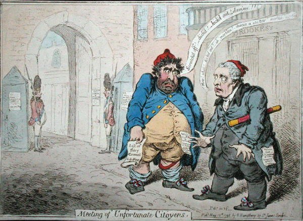 Setkání nešťastných Citoyenů, publikovala Hannah Humphrey v roce 1798 (ručně kolorovaný lept) od James Gillray