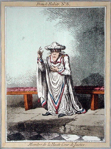 Člen Nejvyššího soudního dvora, deska 8 z publikace "French Habits", kterou vydala Hannah Humphrey v roce 1798 (kolorovaný lept) od James Gillray
