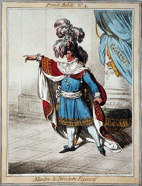Membre du Directoroire Executif, deska 4 „French Habits“ vydané Hannah Humphrey v roce 1798 (barevný lept) od James Gillray