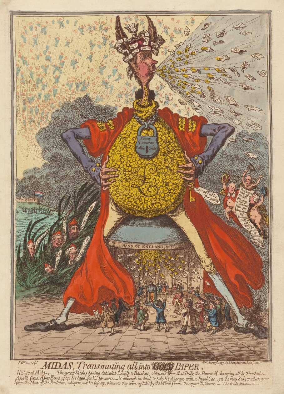 Midas, přeměna všeho na papír od James Gillray
