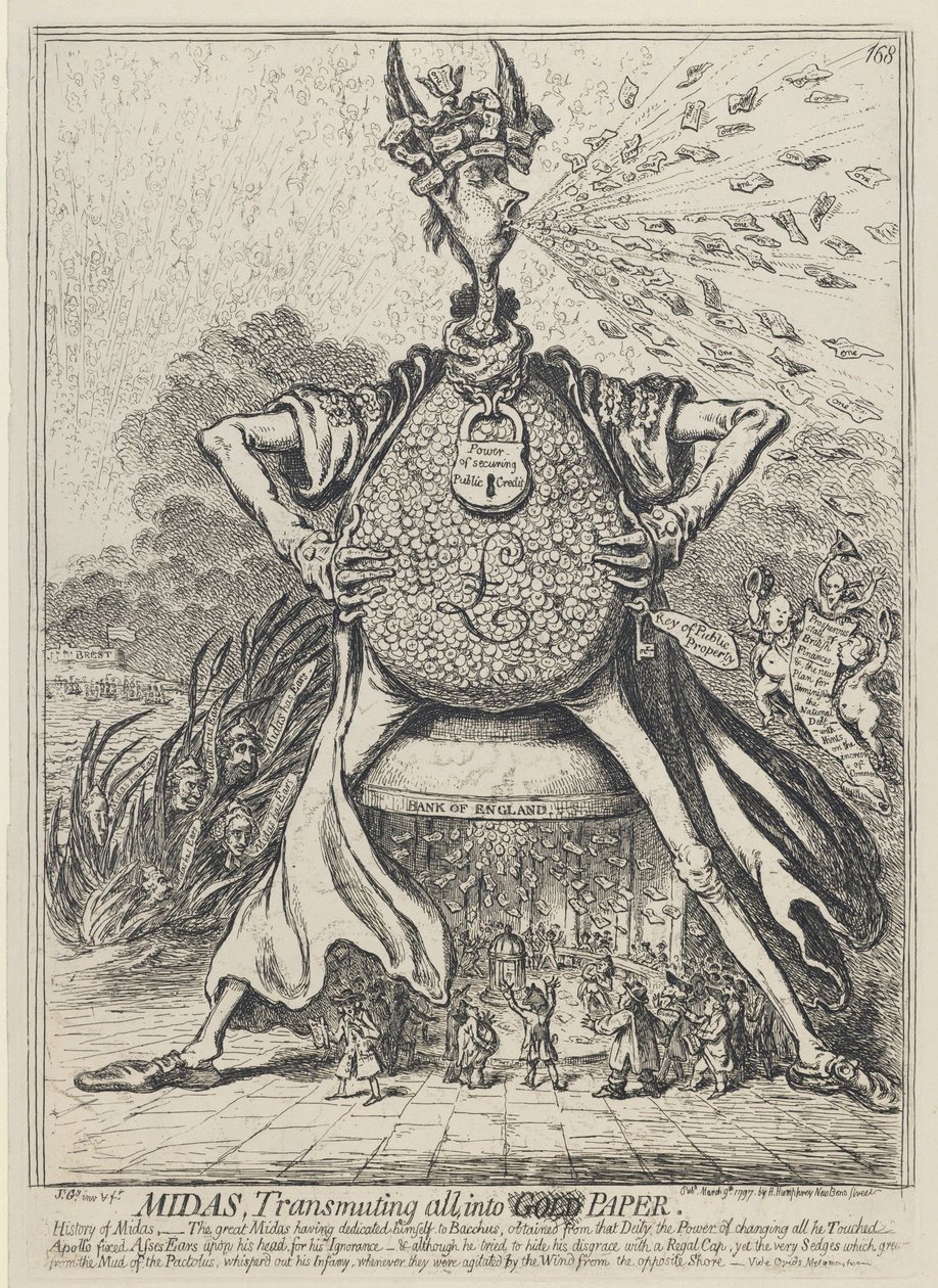 Midas, Transmuting all into Gold Paper, 1797 od James Gillray