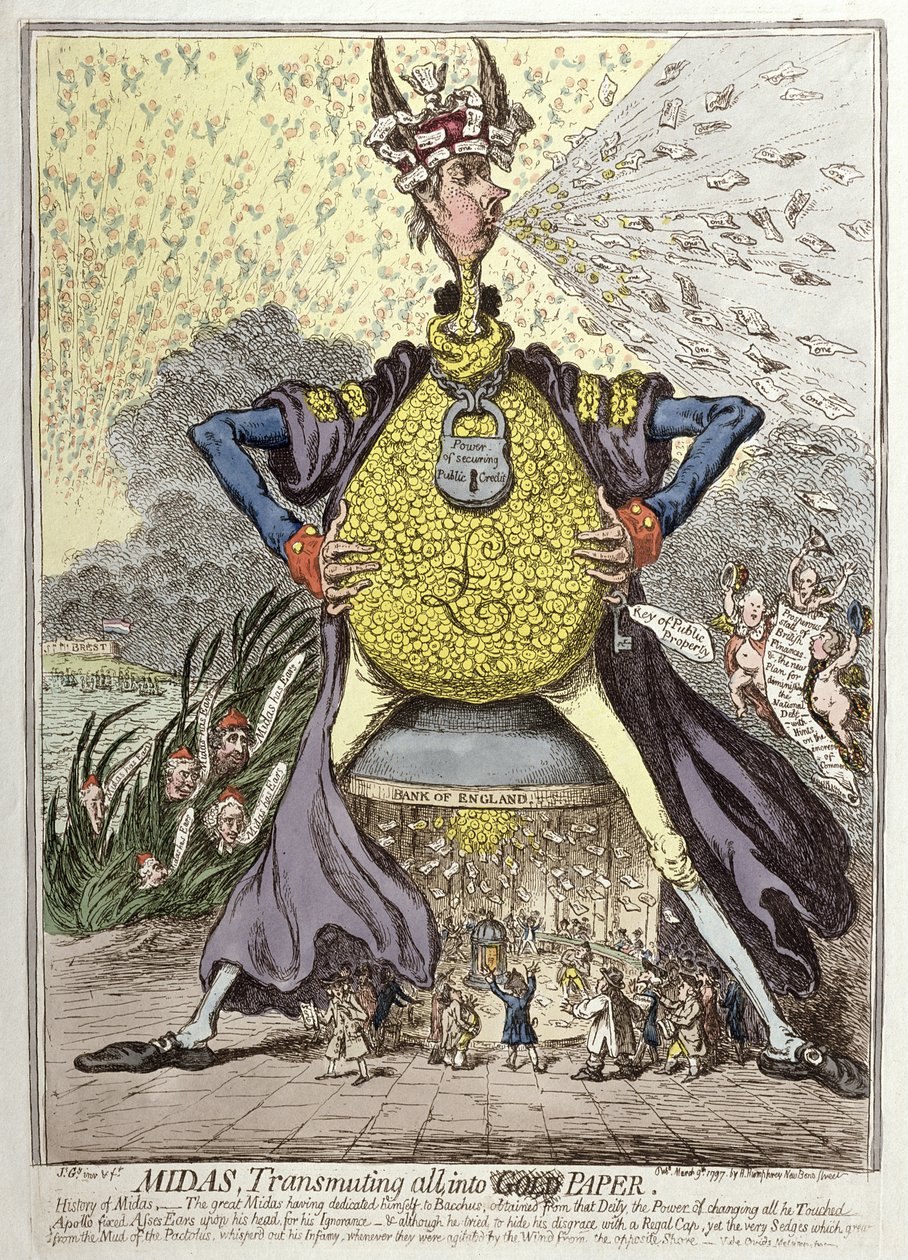 Midas Transmuting all into Gold Paper, publikovala Hannah Humphrey v roce 1797 (ručně kolorovaný lept) od James Gillray