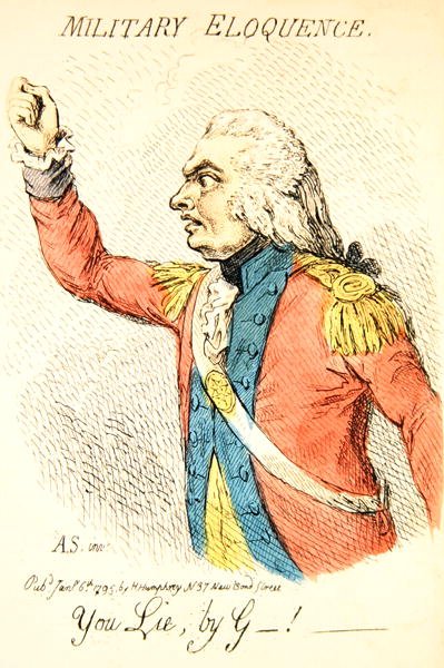 Military Eloquence, jedna z osmi vinět zobrazujících různé typy výmluvnosti, kterou vydala Hannah Humphrey v roce 1795 (ručně kolorovaná rytina) (detail 191281) od James Gillray