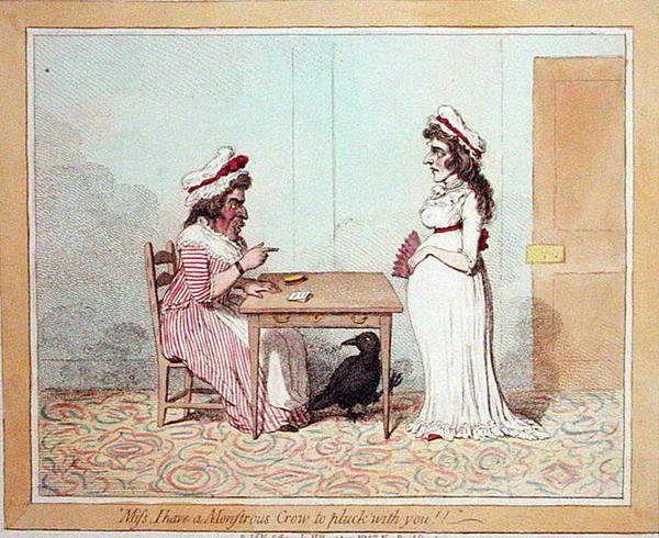 „Slečno, musím s vámi škubat monstrózní vránu“, vydal Hannah Humphrey v roce 1794 (ručně kolorovaný lept) od James Gillray