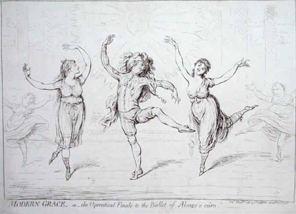 Modern Grace, neboli operní finále baletu Alonzo e caro, vydané Hannah Humphrey v roce 1796 (pero a inkoust na papíře) od James Gillray